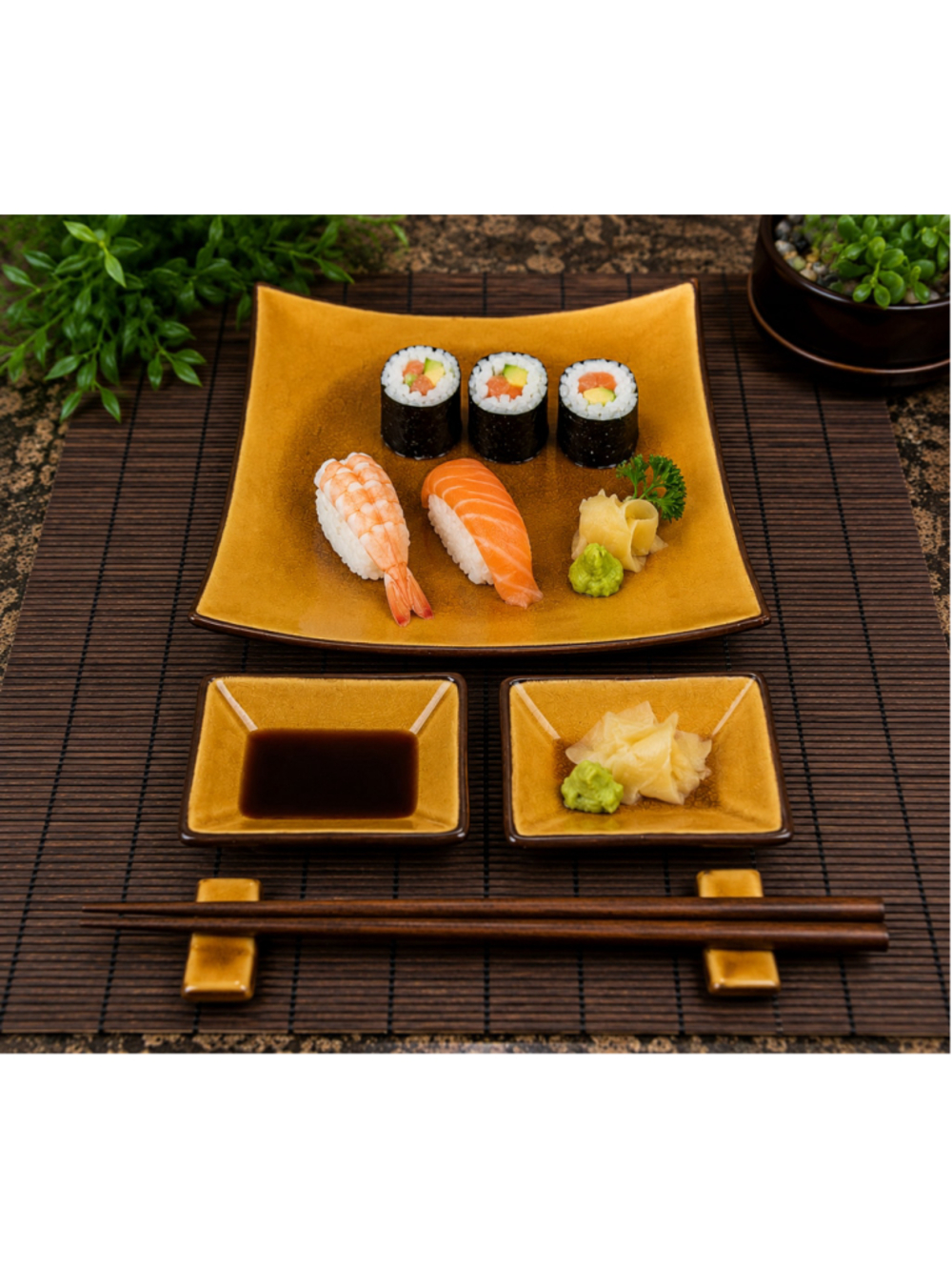 World Market Crackle Glaze Sushi Serving Set Platter Dishes Chopstick Rests